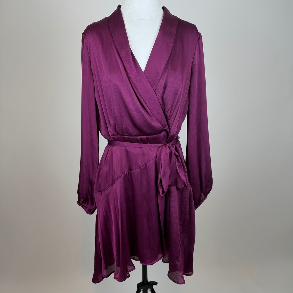 NWD Melonie T Boysenberry Purple Faux Wrap Dress Petite 16P Long Sleeve Satin